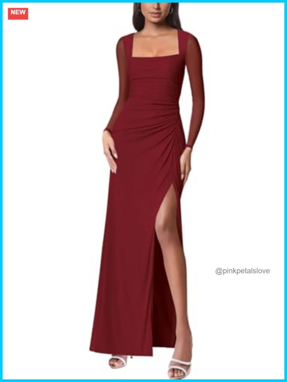 Women's Mesh Long Sleeve Square Neck Ruched Sheath Formal Evening Maxi Dress